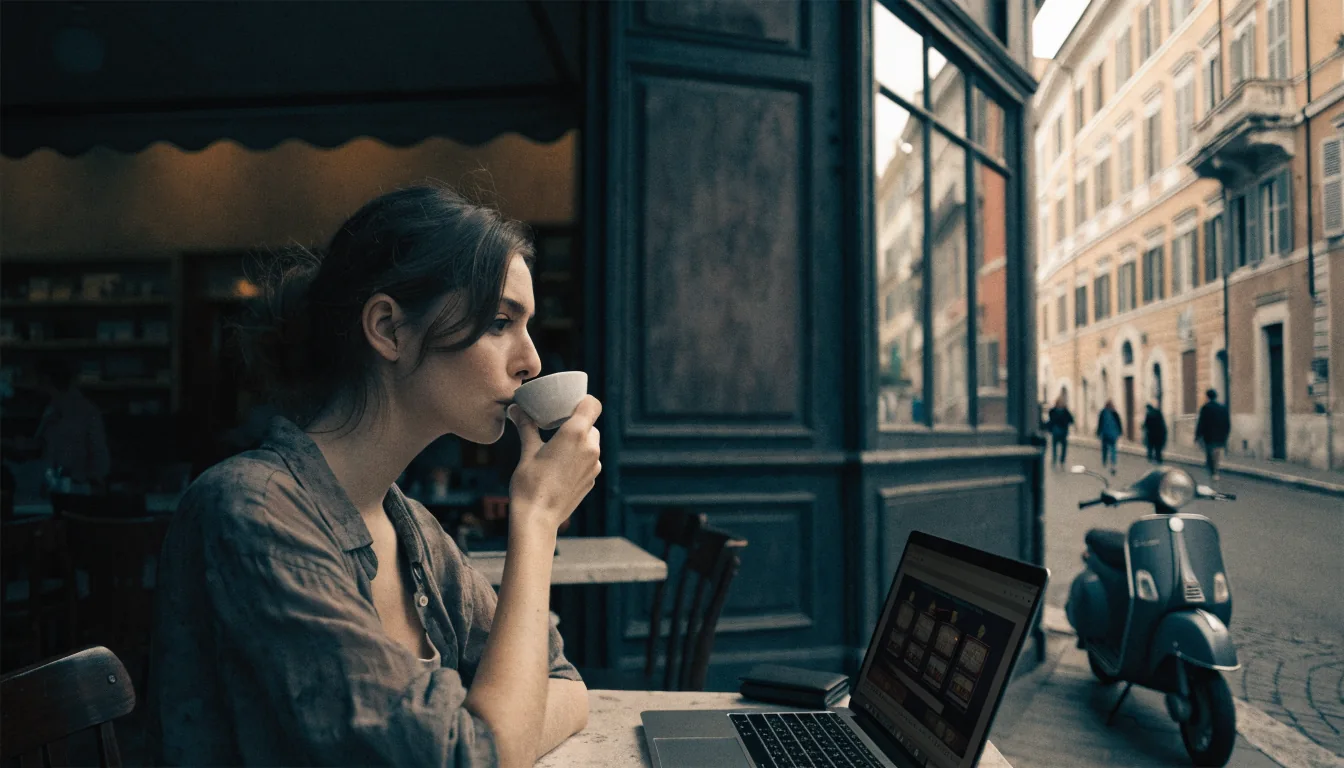 Donna italiana al caffè con laptop e caffè espresso