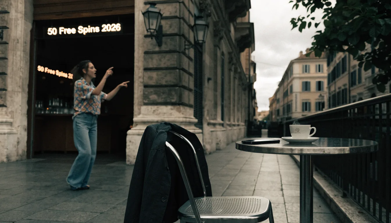 Terrazza italiana con caffè, smartphone e insegna luminosa.