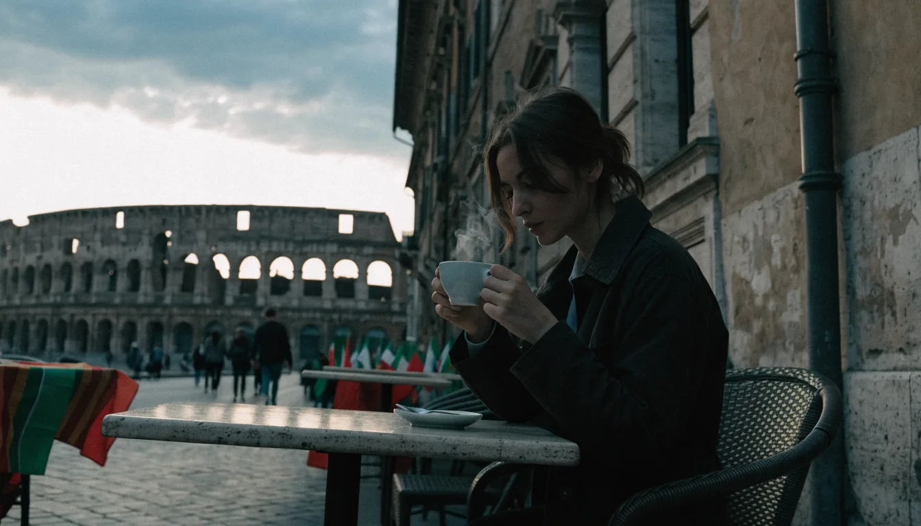 Donna giovane al caffè con Colosseo sullo sfondo