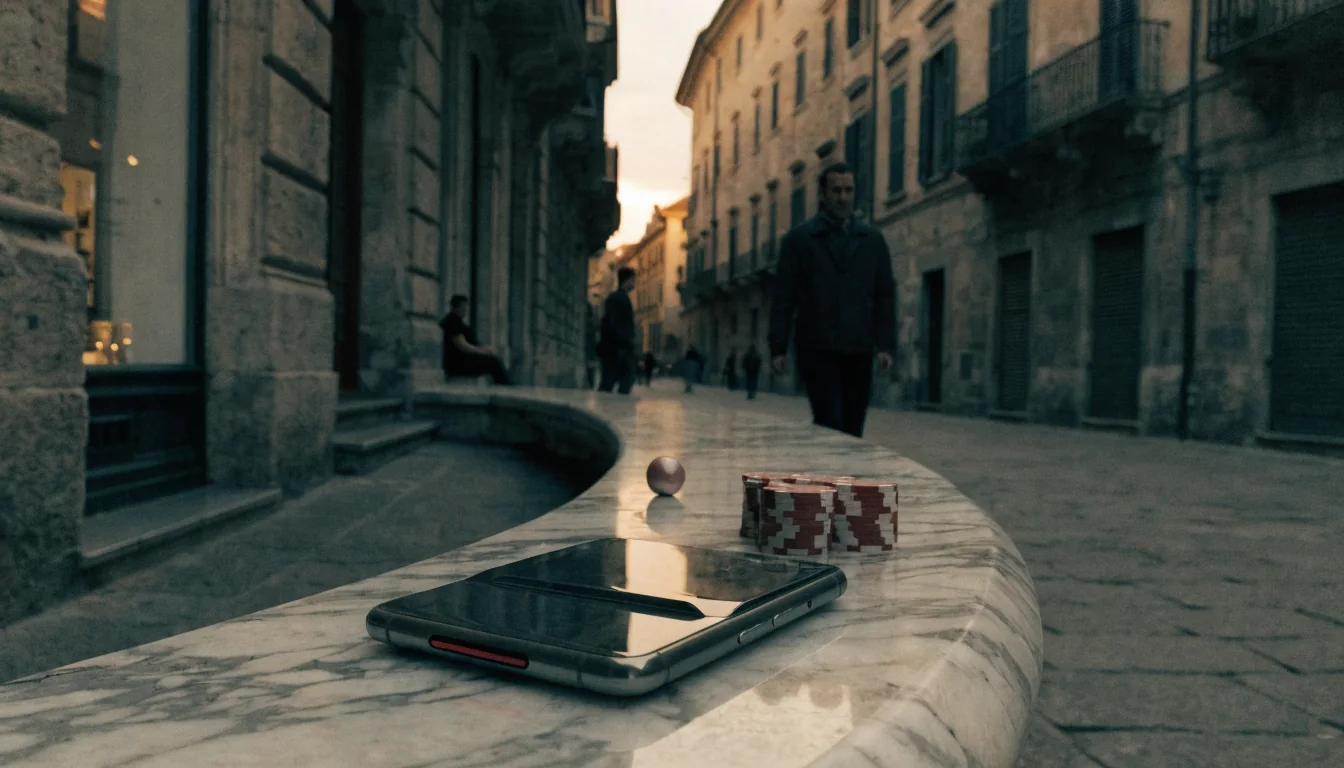iPhone futuristico su una panchina di marmo in una piazza italiana al tramonto con fiches da casinò.