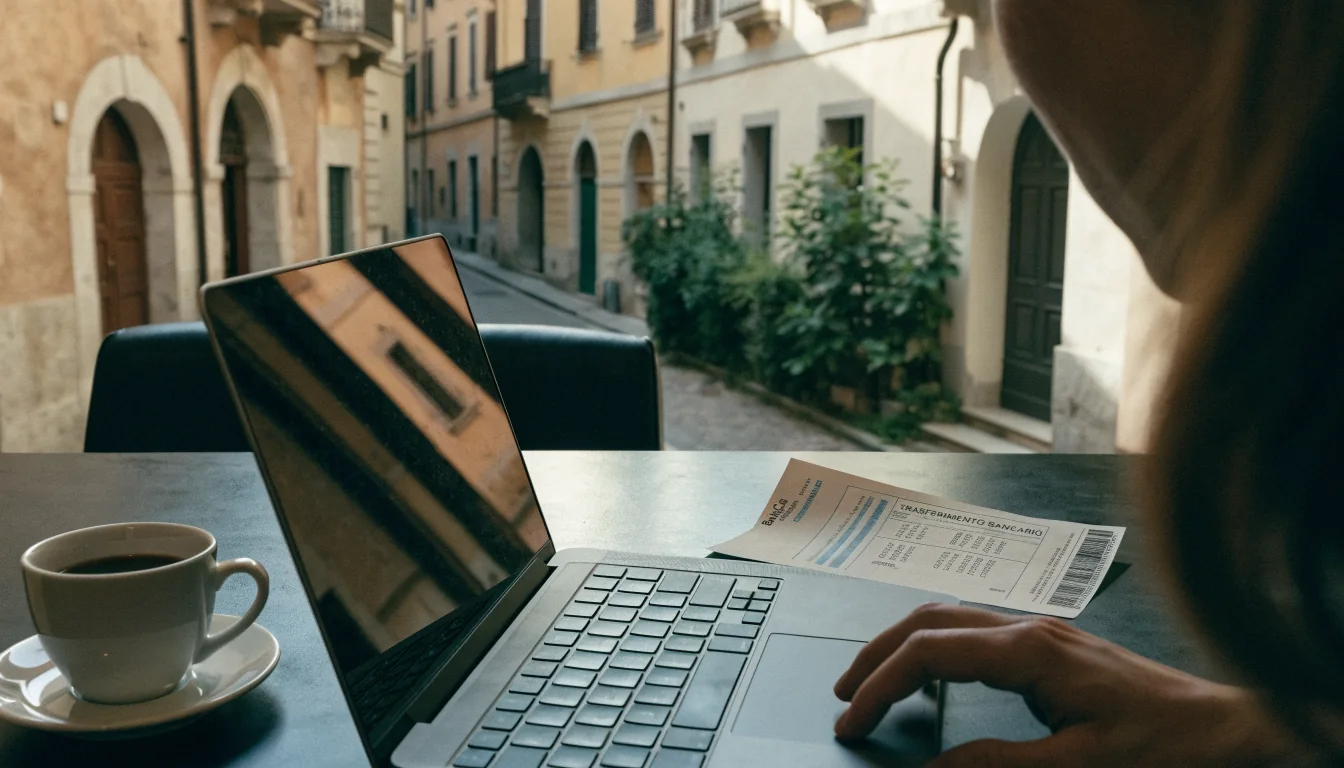 Scrivania elegante con laptop e ricevuta di bonifico in Italia