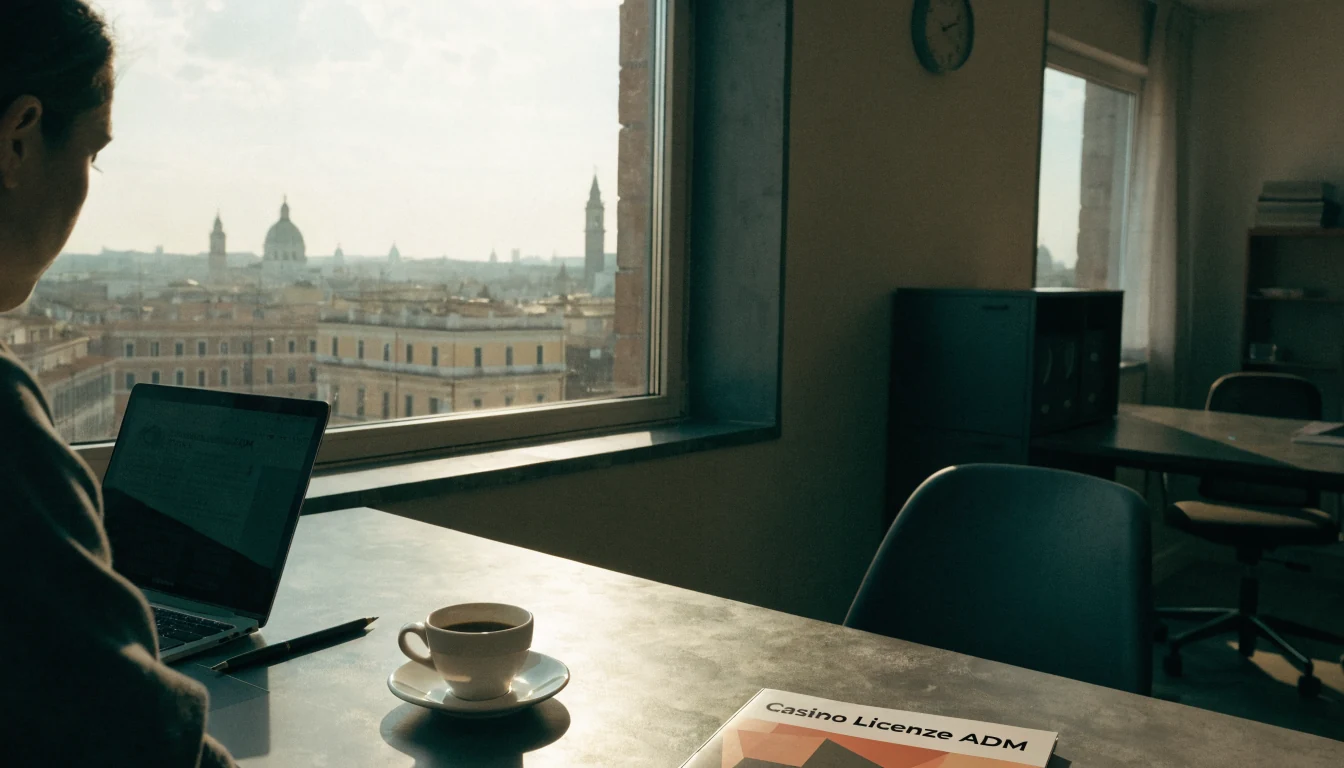Ufficio elegante con laptop, caffè e brochure sui casinò licenziati