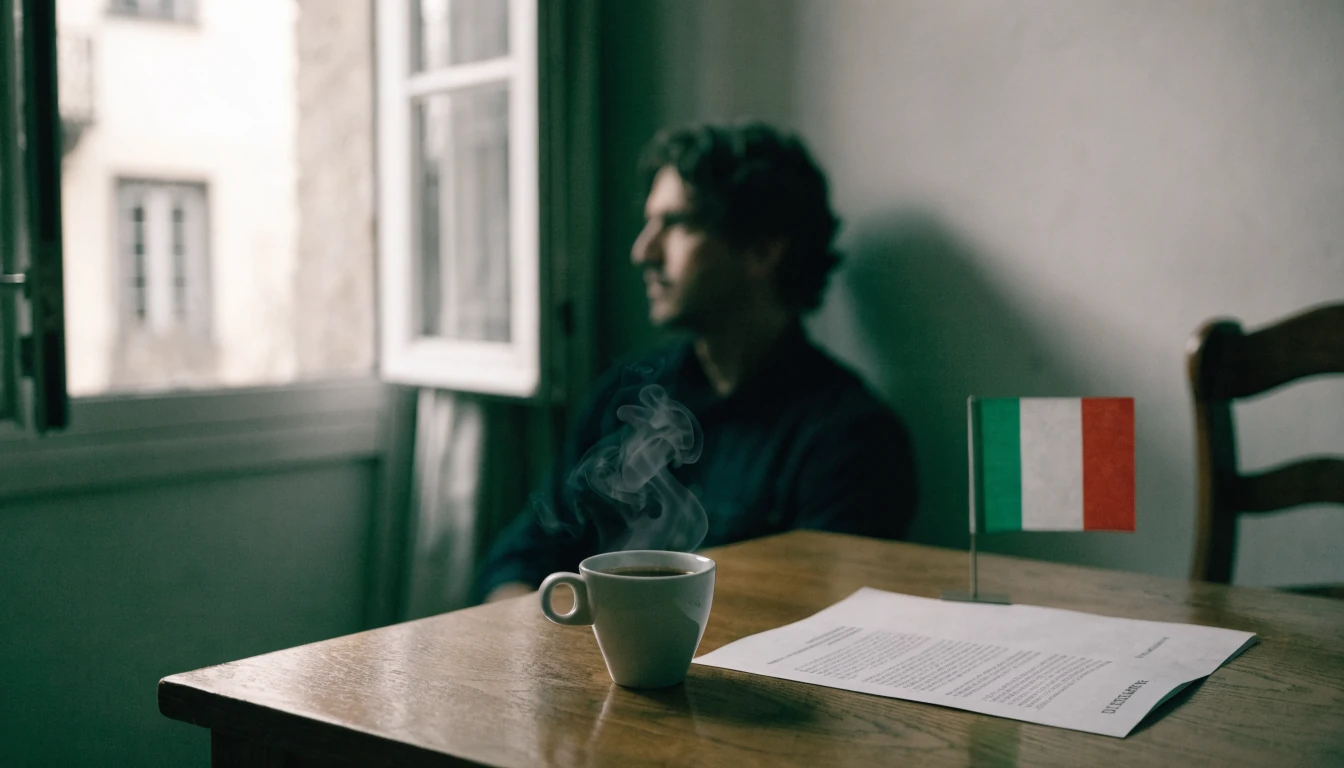 Ufficio italiano con caffè e documento di disclaimer