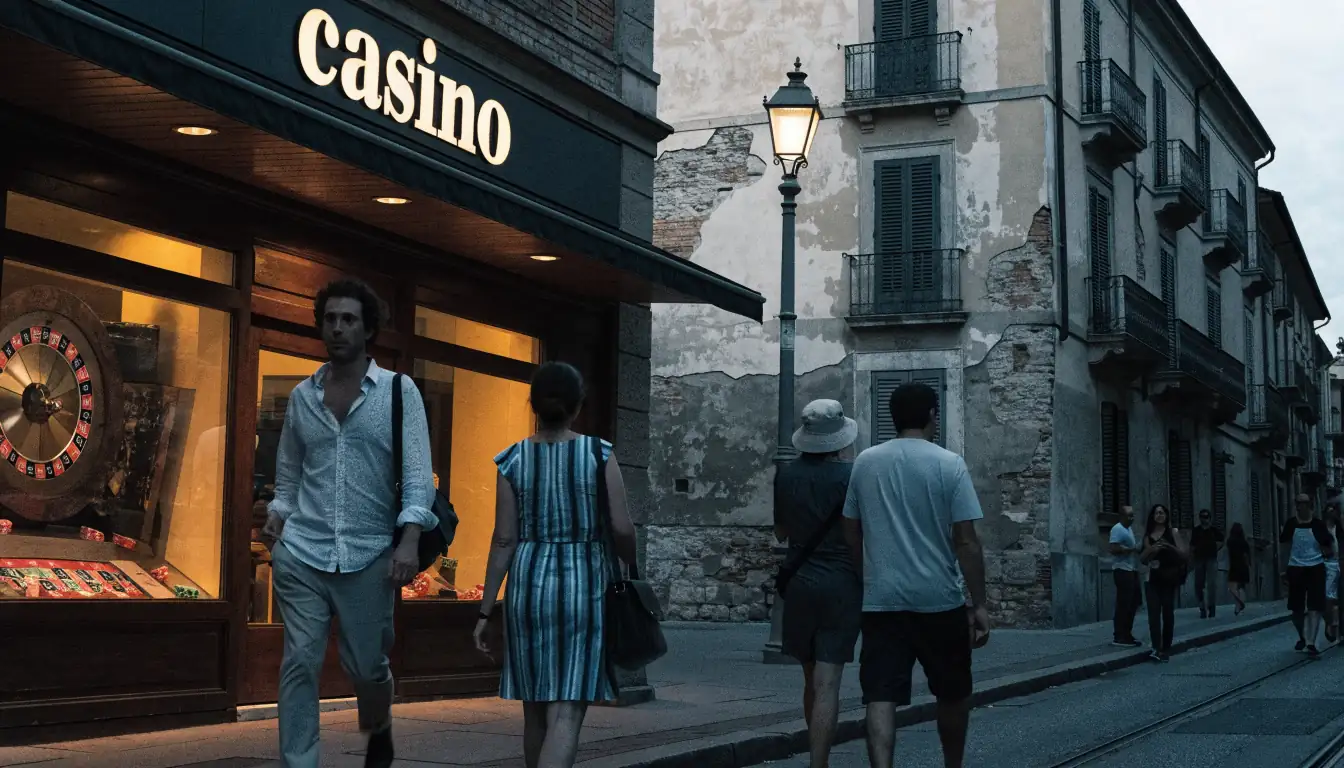 Facciata di casinò italiano al tramonto con persone e ruota della roulette.