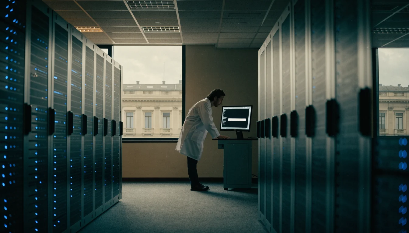 Corridoio del data center con server e tecnico