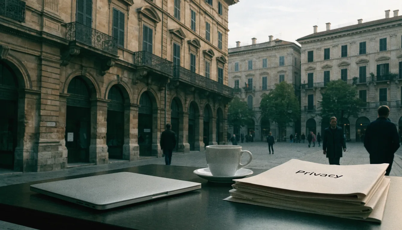 Piazza italiana con scrivania e laptop chiuso, tema privacy