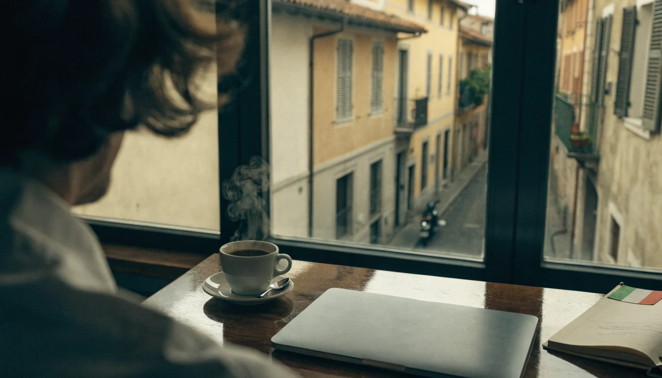 Ufficio moderno italiano con laptop e tazza di caffè